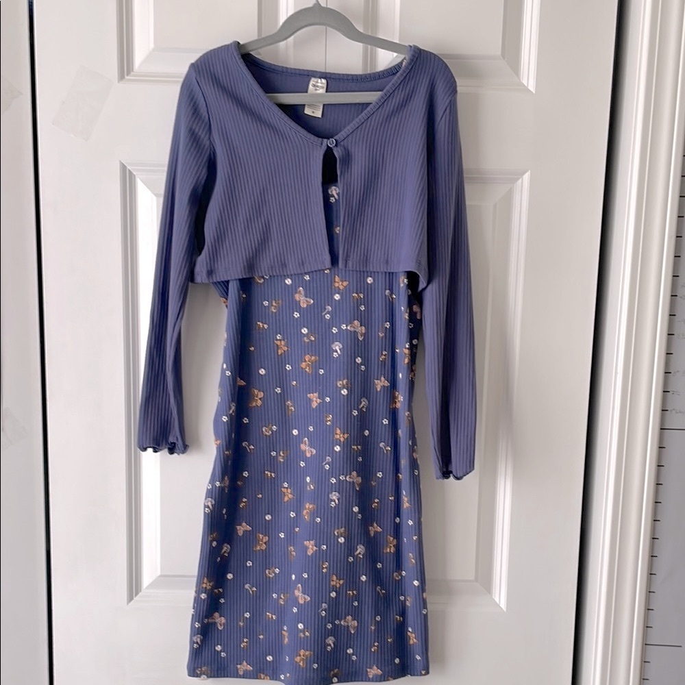 Blue Floral Kids Dress with Cardigan